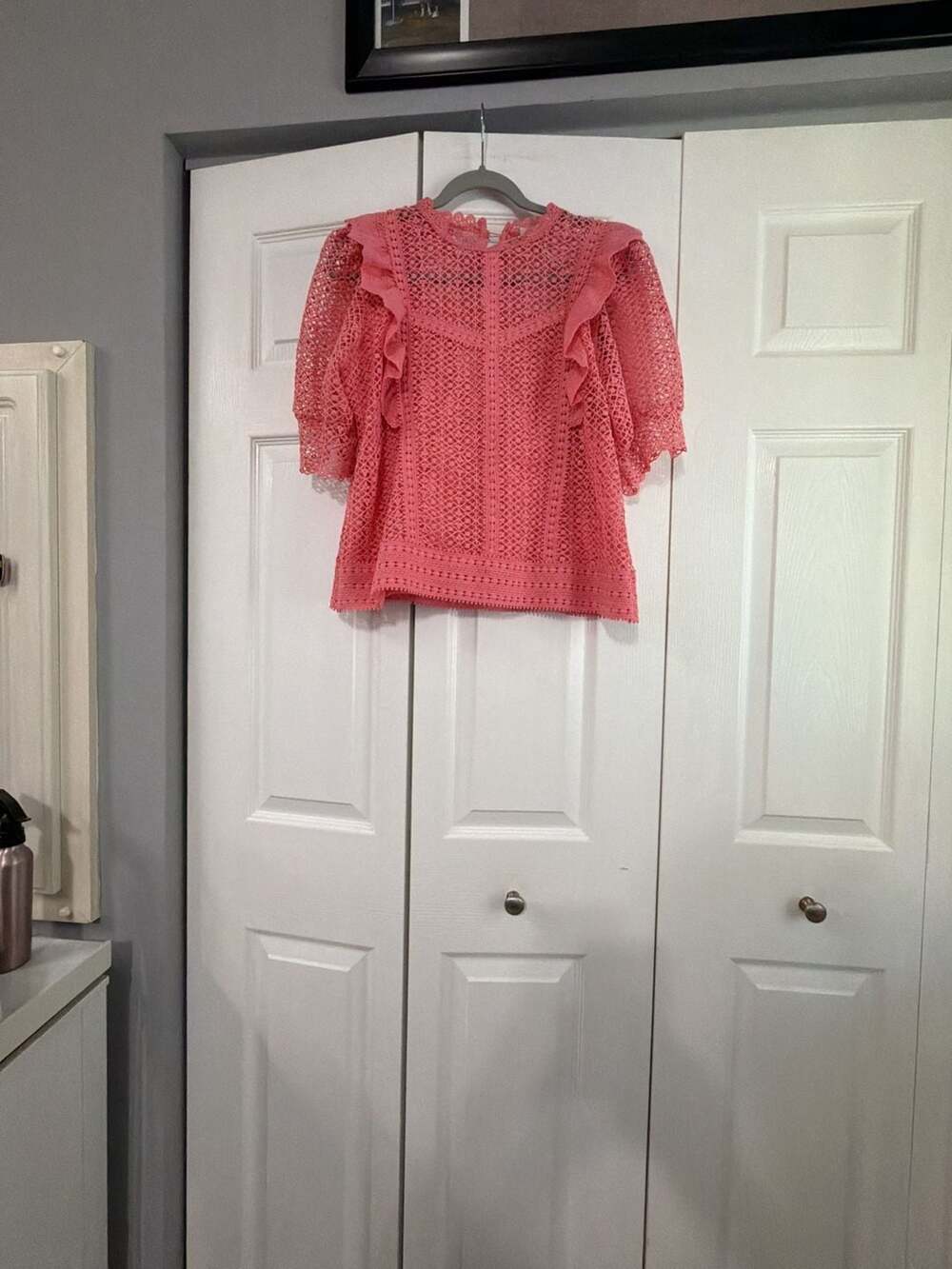 Ultra Pink Women's Puff Sleeve Crochet Blouse in Coral